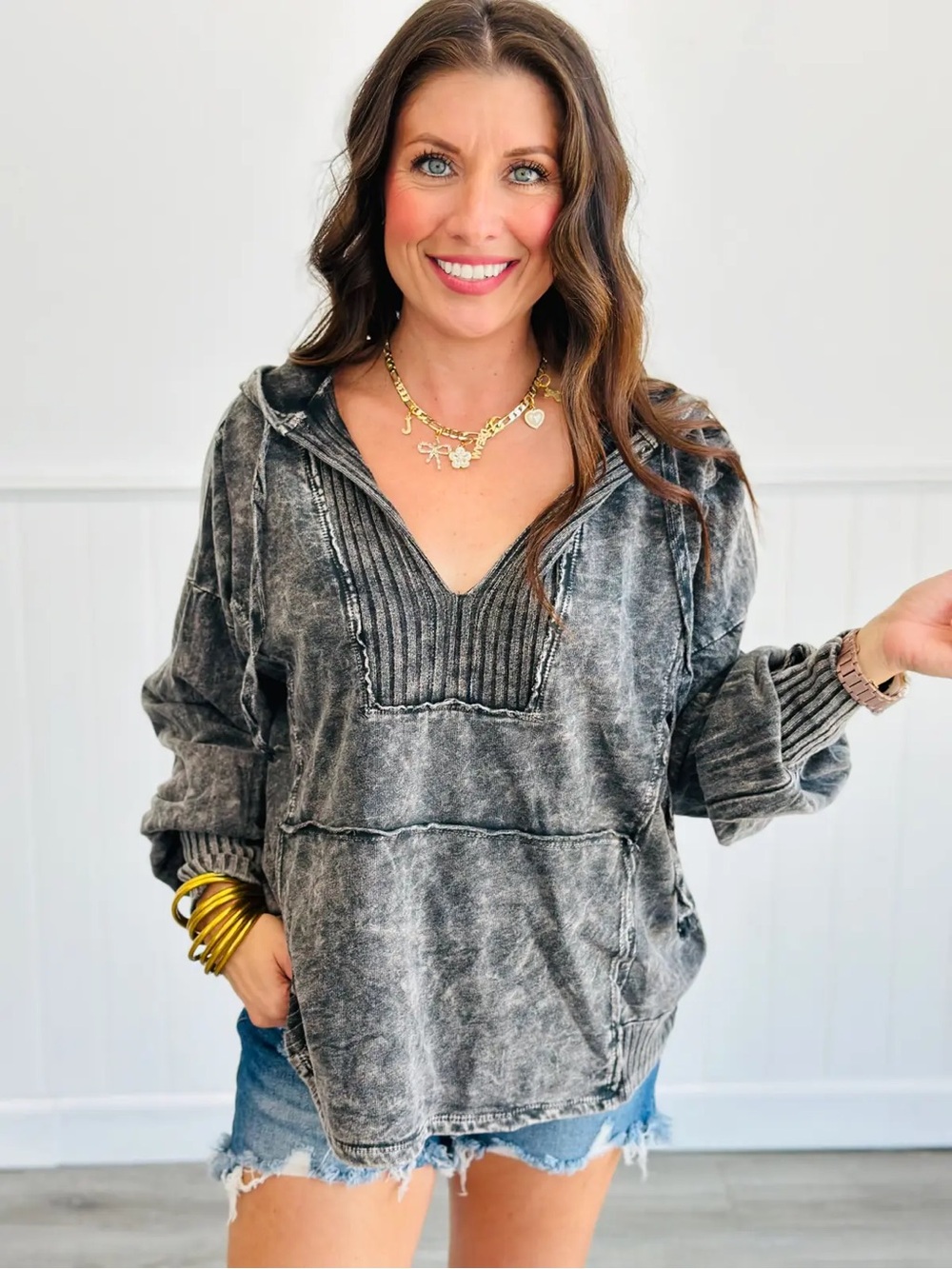 Washed Charcoal V-Neck Pullover Hoodie - Women
